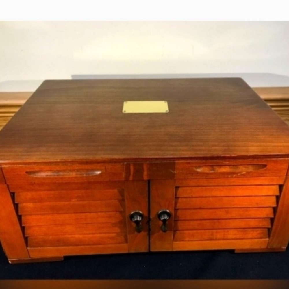 Wooden Jewelry Box with Louvered Doors - Warm Brown